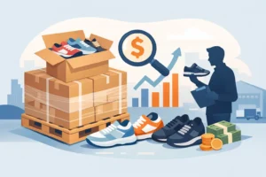 Are Sneaker Pallets Worth It for Resellers - Warehouse scene with stacked boxes on a pallet, sneakers scattered nearby, and a person analyzing data with a dollar sign chart in the background.
