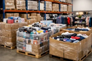 Warehouse scene with tall shelves, pallets of boxes, and a circular bin filled with shoes and clothes, wrapped in plastic.