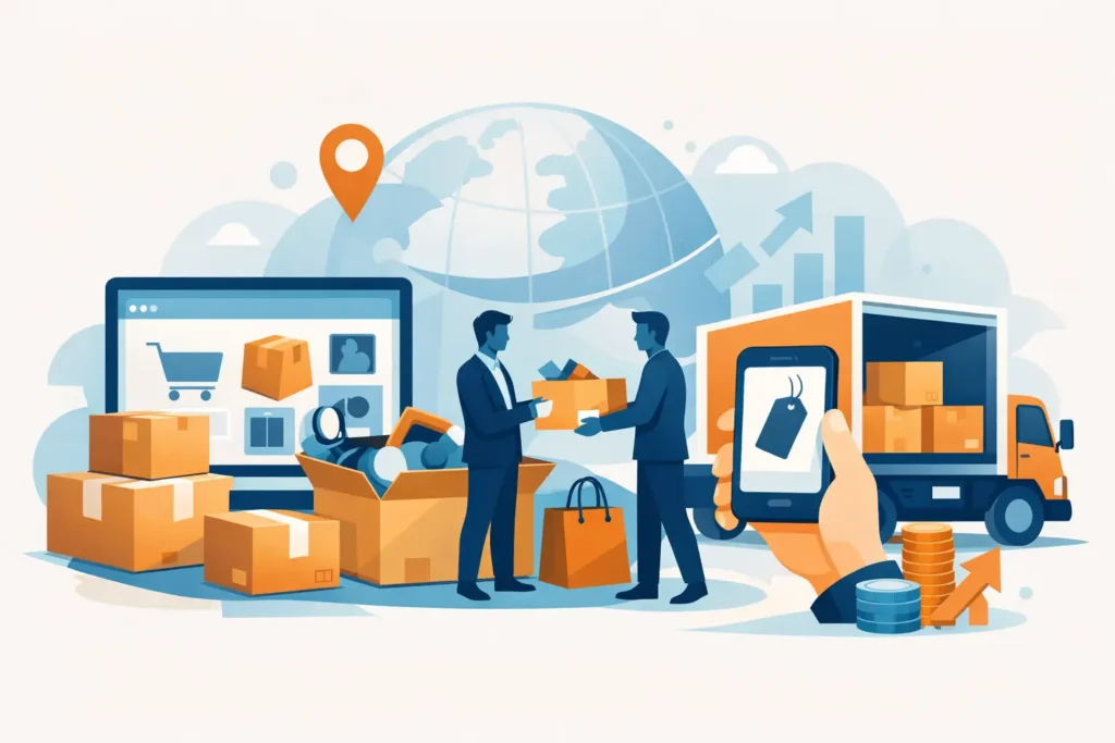 Two businessmen exchange a package in a shipping and e-commerce scene with boxes, a truck, and a globe behind them