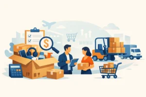 How to Buy Overstock Wholesale Boxes - Two workers discuss order details beside stacked boxes and a forklift in a logistics setting.